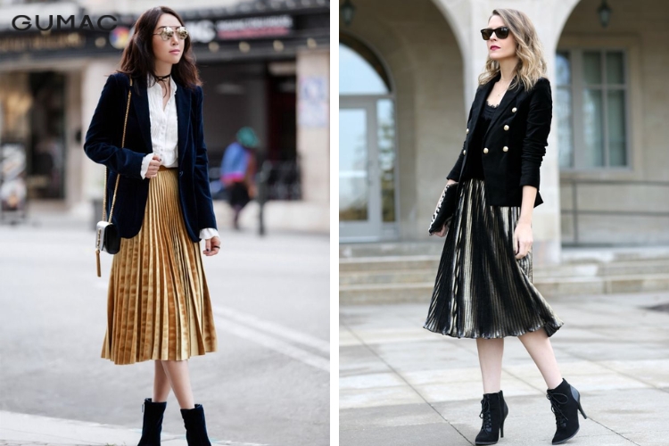 Váy chất liệu nhung dài xếp ly